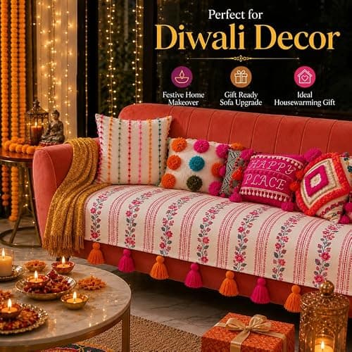 Throwpillow Phool Rangoli Festive Floral 5 Seater Waterproof Sofa Cover with Tassels for Living Room|3 Seater & 2 Seater Wooden Sofa Throw|6 Pc Set(3+2):2 Seat Covers & 4 Armrest Covers|Sofa Throw 5