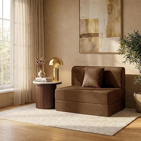 Single-Seater Sofa Cum Bed Foldable Sofa Cum Bed Jute Fabric Washable Fabric & Zipper |Jute Finish Fabric - Brown Color | 3' X 6' Feet