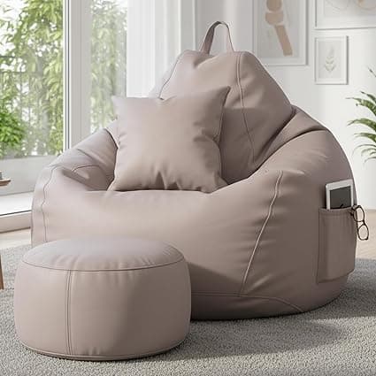 KAM'S LIEU Bean Bag Chair with Footrest & Cushion | Pre-Filled Beans | PVC Leatherette Lounger Sofa | Indoor & Outdoor Bean Bag | 6 Months Warranty Size & Color- (Beige, XXXXXL, Premium)
