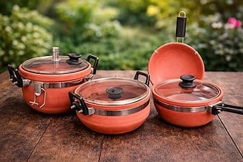 Traditional Cookware Combo Set – Cooker, Kadai, Saucepan & Tawa with Glass Lids