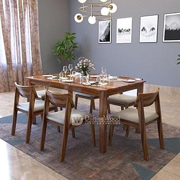 DRIFTINGWOOD Liana Solid Sheesham Wood Dining Table 6 Seater | Wooden Six Seater Dinning Table with Beige Cushion Chairs | Dinner Table 6 Seater | Dining Room Sets | Self Assembly, Natural Finish
