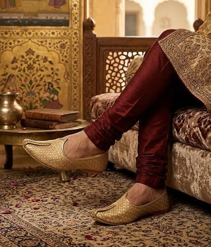 AJANTA Men’s Gold Ethnic Mojaris | Pointed Toe Slip-On Traditional Footwear for Men | Textured Synthetic Upper with Comfort Insole & Rubber Sole, Sandal for Men (Size-7) 2