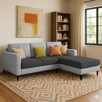 Casaliving Grayon 3 Seater L Shape Convertible Sofa Set for Living Room, 3 Seater & Ottoman Modular Sectional Couch for Small Space (Black Grey Colour) Fabric
