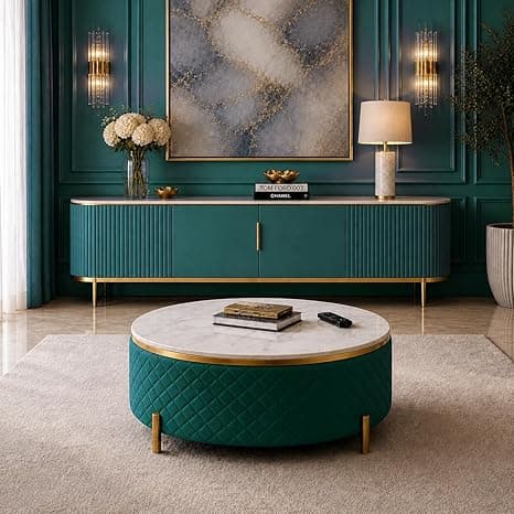 Round Coffee Table 30 Inch with Marble Top & Upholstered Base | Modern Center Table for Living Room | Premium Fabric Finish with Metal Legs | Ottoman Tables for Living Room, Tea Tables (Green)