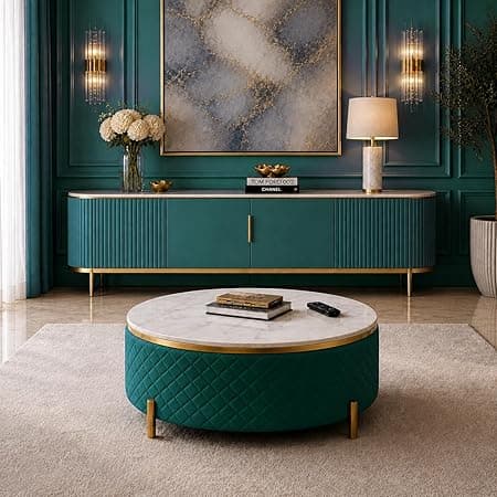 Round Coffee Table 30 Inch with Marble Top & Upholstered Base | Modern Center Table for Living Room | Premium Fabric Finish with Metal Legs | Ottoman Tables for Living Room, Tea Tables (Green)