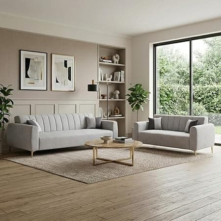 Habibi Rich Velvet Suede 3+2 Seater Sofa Set | Spacious Soft Touch Comfort Seating | 5 Person Seating | Modern Living Room Sofa Set (Light Gray)