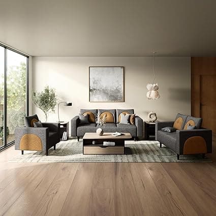 Interio by Godrej Windle 6-Seater Fabric Sofa Set (3+2+1), 3-Years Warranty, Solid Wood, Camel and Taupe