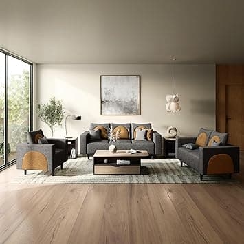 Interio by Godrej Windle 6-Seater Fabric Sofa Set (3+2+1), 3-Years Warranty, Solid Wood, Camel and Taupe