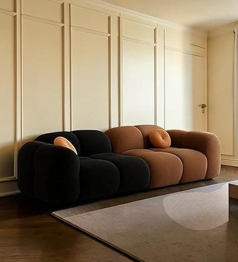 CRAFTCITY Pumpkin Style Wooden Sofa | Contemporary Wool Sofa with Swen Pillow Back for Living Room (Black & Brown, 3 Seater)