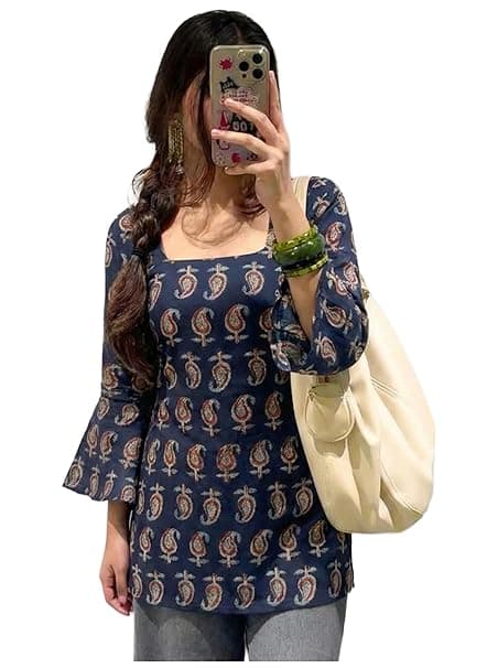 ANNI Designer Women’s Viscose Blend Printed Short Kurti | Straight Fit Casual Ethnic Top | Square Neck Full Sleeve Kurta Office College