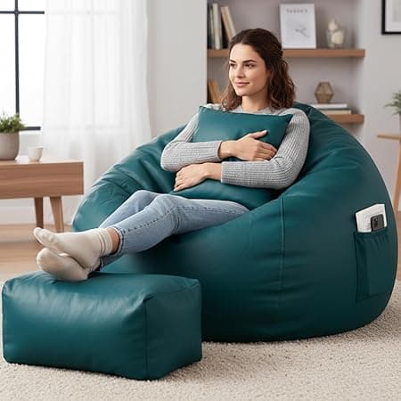 Luxury 5XL Jumbo Bean Bag with Footrest & Cushion | Premium Leatherette | High-Density Beans Filled | Heavy Duty Double Stitch | 6 Months Warranty Color- (Navy Blue) (Teal)
