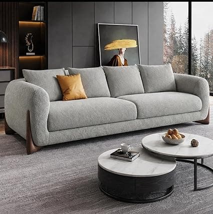 Modern Sofa Chesterfield Design with Stylish Wooden Legs Bouncy Teddy Fabric Light Grey Finish Sofa for Living Room, Bedroom, Hallways (3 Seater)
