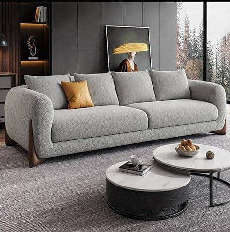 Modern Sofa Chesterfield Design with Stylish Wooden Legs Bouncy Teddy Fabric Light Grey Finish Sofa for Living Room, Bedroom, Hallways (3 Seater)