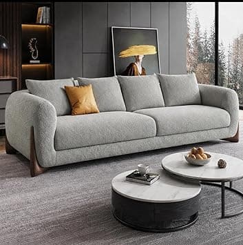 Modern Sofa Chesterfield Design with Stylish Wooden Legs Bouncy Teddy Fabric Light Grey Finish Sofa for Living Room, Bedroom, Hallways (3 Seater)