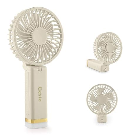 Gesto Portable Fan Rechargeable with LED Light – Foldable Mini Fan, Small Fan,USB Charging Hand Fan with 1200mAh Battery & 3 Speed Modes | Travel, Makeup, Kitchen,Women’s Personal Pankhaa - White
