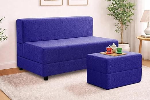 Leg Sofa Cum Bed with Ottoman | Jute Fabric | Multipurpose Folding Two Seater Sofa Bed 4x6 Ft for Living Room | Space Saving Furniture | - Purple