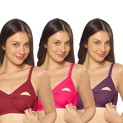 MomToBe Women's Cotton Multicolor Full Cup Non Padded Feeding Bra/Nursing Bra/Maternity Bra Combo - Pack of 3