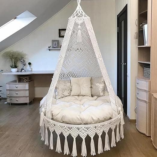 KAAHIRA Bohemian Macrame Hanging Swing Chair– Aesthetic Cotton Rope Hammock for Indoor & Outdoor – Patio, Balcony, Bedroom, Living Room, Garden–Kids, Adults & Pets – Boho Decor (Off White)