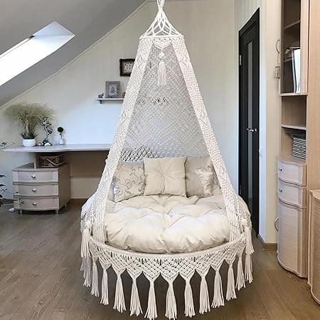 KAAHIRA Bohemian Macrame Hanging Swing Chair– Aesthetic Cotton Rope Hammock for Indoor & Outdoor – Patio, Balcony, Bedroom, Living Room, Garden–Kids, Adults & Pets – Boho Decor (Off White)