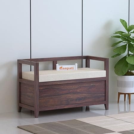 Ganpati Arts Solid Sheesham Wood Italian Cushioned Couch 2 Seater Sofa Bench with Storage Wooden Seating Furniture for Home Living Room Office (Walnut Finish) 1 Year Warranty