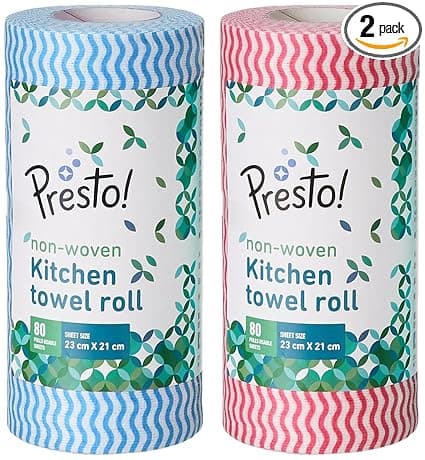 Amazon Brand - Presto! Non-Woven Kitchen Towel Roll | 80 Pulls (Pack of 2) | Size: 23 x 21 cm | Wavy Pattern (Red & Blue) | Washable and Reusable | Highly Absorbent | For Daily Use