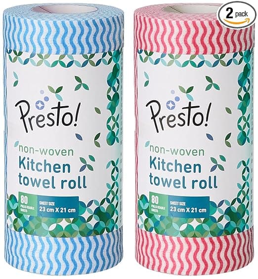 Amazon Brand - Presto! Non-Woven Kitchen Towel Roll | 80 Pulls (Pack of 2) | Size: 23 x 21 cm | Wavy Pattern (Red & Blue) | Washable and Reusable | Highly Absorbent | For Daily Use
