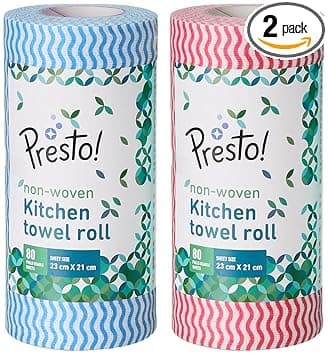Amazon Brand - Presto! Non-Woven Kitchen Towel Roll | 80 Pulls (Pack of 2) | Size: 23 x 21 cm | Wavy Pattern (Red & Blue) | Washable and Reusable | Highly Absorbent | For Daily Use