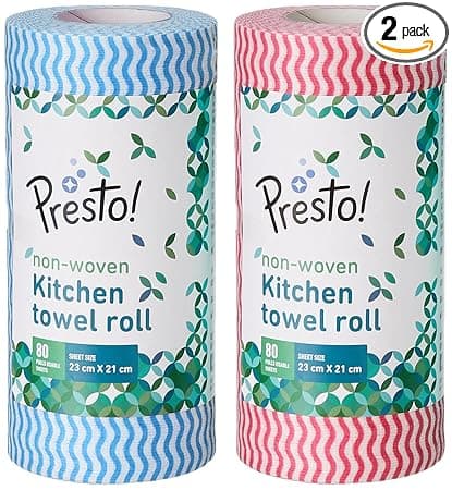 Amazon Brand - Presto! Non-Woven Kitchen Towel Roll | 80 Pulls (Pack of 2) | Size: 23 x 21 cm | Wavy Pattern (Red & Blue) | Washable and Reusable | Highly Absorbent | For Daily Use
