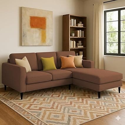 Casaliving Grayon 3 Seater L Shape Convertible Sofa Set for Living Room, 3 Seater & Ottoman Modular Sectional Couch for Small Space (Brown Colour) Fabric