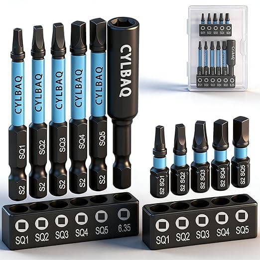 Square Screwdriver Bits, 11Pcs Square Head Screwdriver Bit Set 25mm+60mm S2 Steel Tamper Proof Magnetic Security Bits 1/4” Hex Shank with Extension Bit Holder Impact Power Drill Tool