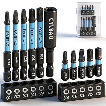 Square Screwdriver Bits, 11Pcs Square Head Screwdriver Bit Set 25mm+60mm S2 Steel Tamper Proof Magnetic Security Bits 1/4” Hex Shank with Extension Bit Holder Impact Power Drill Tool