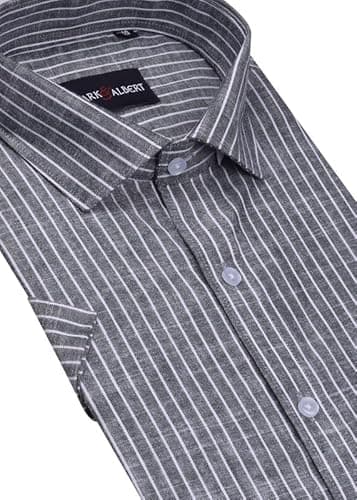 MARK & ALBERT Men's Half Sleeve Cotton Linen Striped Shirt Grey 3