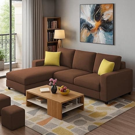 Casaliving Rolando 4 Seater L Shape Sofa Set with 2 Puffy for Living Room (Brown) Left Side Sofa Set for Living Room | Hall| Office Room