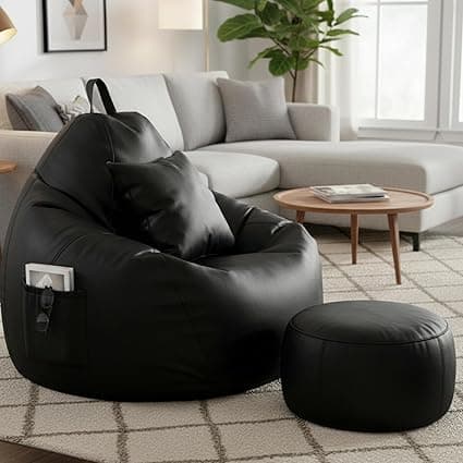 KAM'S LIEU Bean Bag Chair with Footrest & Cushion | Pre-Filled Beans | PVC Leatherette Lounger Sofa | Indoor & Outdoor Bean Bag | 6 Months Warranty Size & Color- (Black, XXXXXL, Premium)