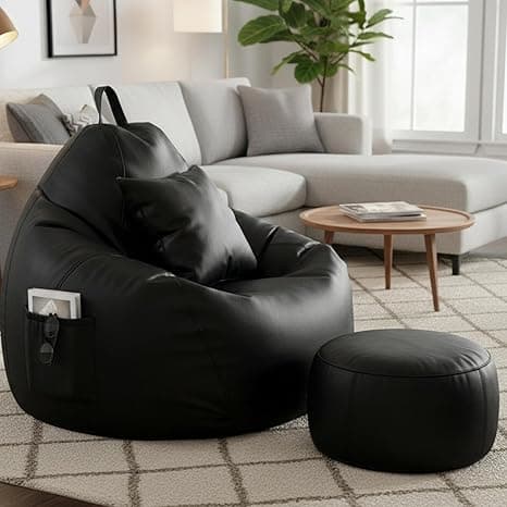 KAM'S LIEU Bean Bag Chair with Footrest & Cushion | Pre-Filled Beans | PVC Leatherette Lounger Sofa | Indoor & Outdoor Bean Bag | 6 Months Warranty Size & Color- (Black, XXXXXL, Premium)