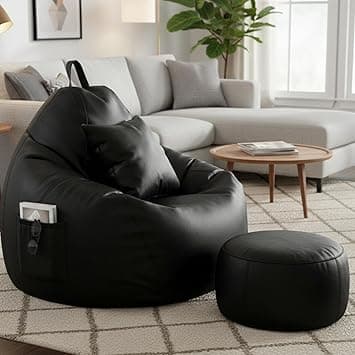 KAM'S LIEU Bean Bag Chair with Footrest & Cushion | Pre-Filled Beans | PVC Leatherette Lounger Sofa | Indoor & Outdoor Bean Bag | 6 Months Warranty Size & Color- (Black, XXXXXL, Premium)