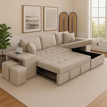 FURNY Holland 6 Seater Fabric RHS L Shape Pull Out Sofa Cum Bed with Storage & 2 Puffy for Living Room (Cream) with Velvet Fabric