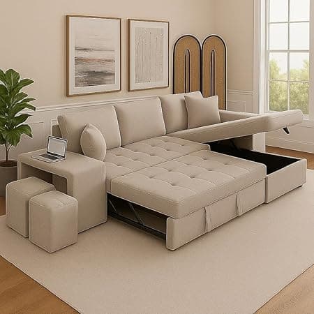 FURNY Holland 6 Seater Fabric RHS L Shape Pull Out Sofa Cum Bed with Storage & 2 Puffy for Living Room (Cream) with Velvet Fabric
