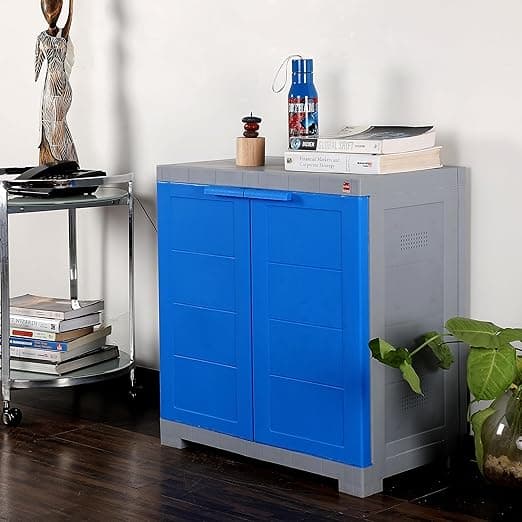 Cello Novelty Compact Plastic Shoe Rack with Dustproof Doors| 3 Year Warranty | Chappal/Slipper/Footwear Stand for Home, Living Room, Office, Outdoor| Blue & Grey Colour