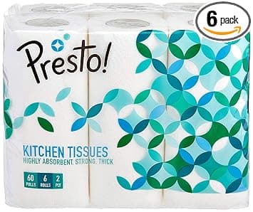 Amazon Brand - Presto! 2 Ply Kitchen Tissue Rolls | 360 Pulls | 60 Kitchen Towels X 6 Rolls | Soft And Highly Absorbent | 100% Natural Virgin Cellulose Fiber