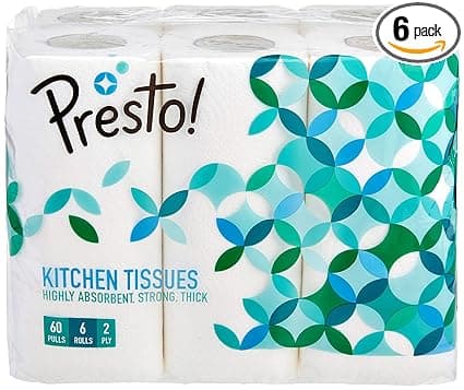 Amazon Brand - Presto! 2 Ply Kitchen Tissue Rolls | 360 Pulls | 60 Kitchen Towels X 6 Rolls | Soft And Highly Absorbent | 100% Natural Virgin Cellulose Fiber