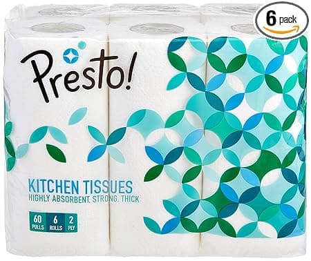 Amazon Brand - Presto! 2 Ply Kitchen Tissue Rolls | 360 Pulls | 60 Kitchen Towels X 6 Rolls | Soft And Highly Absorbent | 100% Natural Virgin Cellulose Fiber