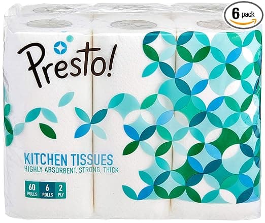 Amazon Brand - Presto! 2 Ply Kitchen Tissue Rolls | 360 Pulls | 60 Kitchen Towels X 6 Rolls | Soft And Highly Absorbent | 100% Natural Virgin Cellulose Fiber