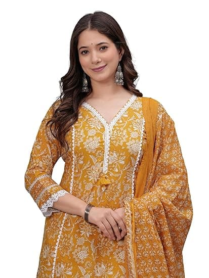 Amayra Women's Pure Cotton Printed Straight Kurta Set with Palazzo Pants & Dupatta- Ethnic Wear