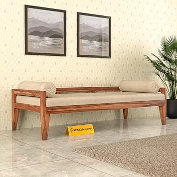 Wooden Couch Diwan Sofa Settee for Living Room and Office | Three 3 Seater Sofa | Retro, Sheesham Wood | Natural Teak Finish
