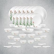 La Opala Opal Glass Crockery | for Family of 6 | Dinner Set 35 pcs Spring Meadows | Plates & Bowls for Dining | Microwave Safe | 100% Vegetarian | Extra Strong | Extra Light & White