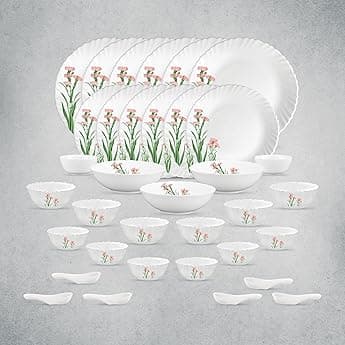 La Opala Opal Glass Crockery | for Family of 6 | Dinner Set 35 pcs Spring Meadows | Plates & Bowls for Dining | Microwave Safe | 100% Vegetarian | Extra Strong | Extra Light & White