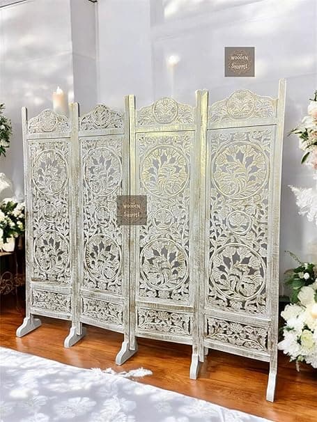 Wooden Room Partition and Folding Privacy Screen for Bedroom Office Room Partition (6 Feet 4 Panel Each Panel Size 72X20 Inch) (White & Royal Gold Finish with Stand)
