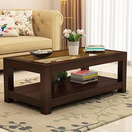 Sheesham Wood Coffee Table with Glass Top Multipurpose Tea Table Wooden Centre Table for Living Room Home and Office (Walnut)