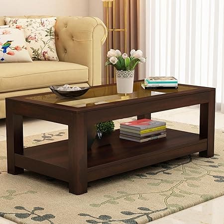 Sheesham Wood Coffee Table with Glass Top Multipurpose Tea Table Wooden Centre Table for Living Room Home and Office (Walnut)